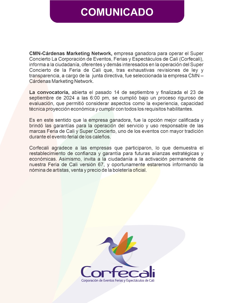 Comunicado convocatoria Súperconcierto 67 Feria de Cali